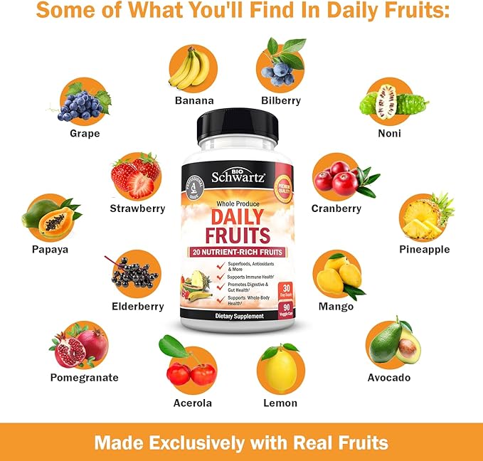 Daily Fruits and Vegetables Supplement for Adults - Super Fruits and Veggies Capsules for Enhanced Energy Gut Health Immune Support & Overall Wellness with 47 Whole Food Fruits and Veggies (1 Month)
