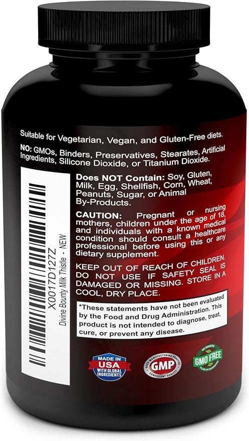 Divine Bounty Pure Milk Thistle Capsules Supplement 1200mg Milk 4X Concentrated 120 Vegetarian
