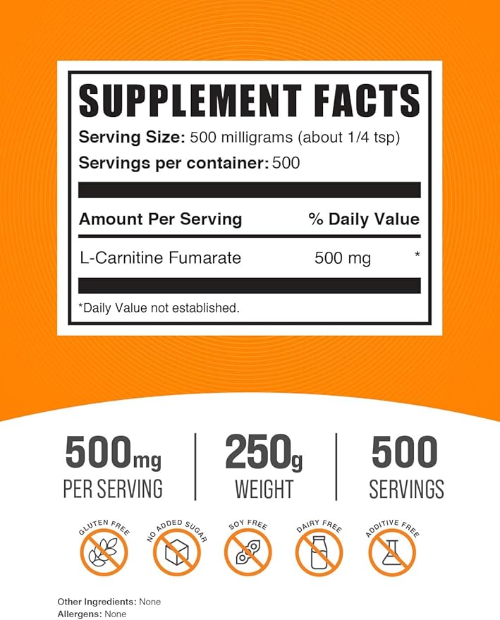 BulkSupplements.com L-Carnitine Fumarate Powder - Carnitine Supplement, Carnitine Powder, L-Carnitine 500mg - Gluten Free, 500mg per Serving, Gluten Free, 250g (8.8 oz) (Pack of 1)