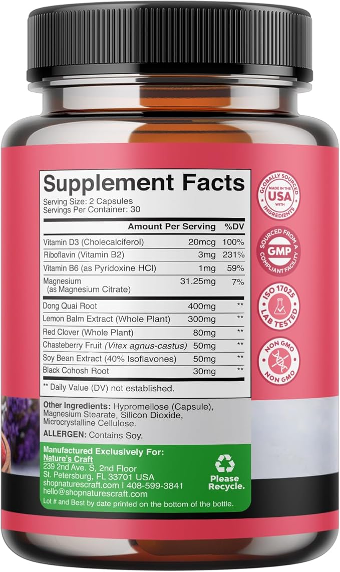 Complete Herbal Menopause Supplement for Women - Multibenefit Menopause Relief Hormone Balance for Night Sweats Mood and More with Dong Quai Vitex Chaste Berry and Black Cohosh - 30 Servings