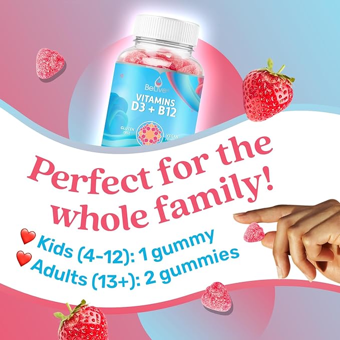 BeLive Vitamin D3 Gummies with B12 Vitamins 60 Ct B12 & D3, Provides