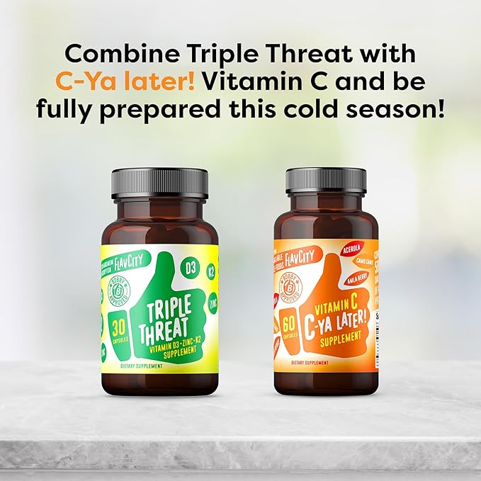 FlavCity Vitamin D Supplement, Triple Threat 3-in-1 Dietary D3, Zinc K2 for 30 Capsules