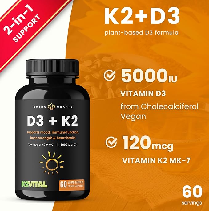 NutraChamps D3 with K2 MK7 Supplement 5000 IU 3 & 100 mcg 2 MK-7 MK-7 | 60 Vitamin K2 D3 D3 Capsules