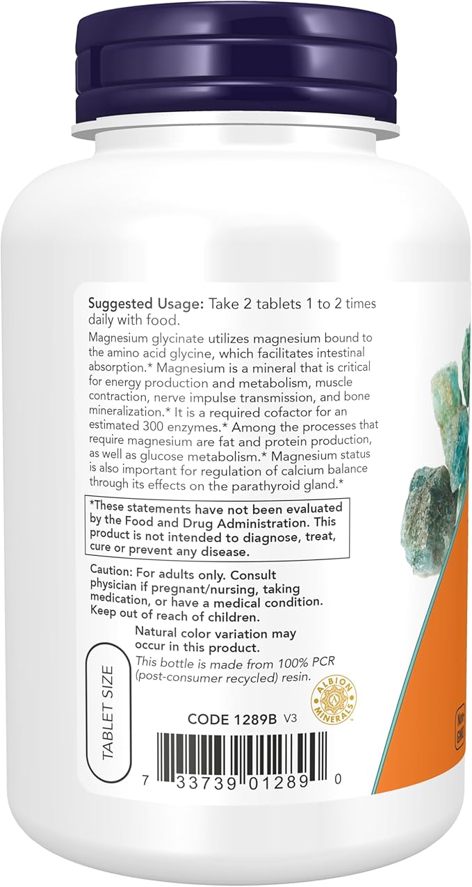 NOW Supplements, Magnesium Glycinate 100 mg, 180 Tablets