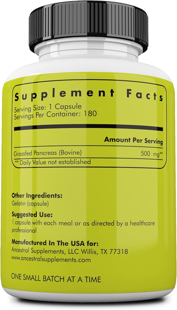 Ancestral Supplements Grass Fed Beef Pancreas 500mg, Pancreatic 180 Capsules