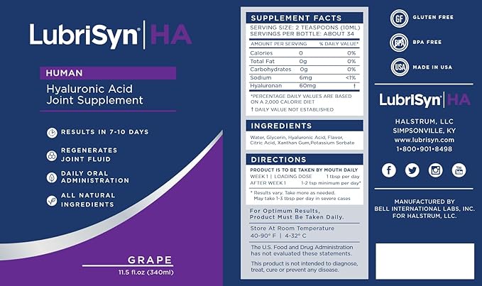 LubriSynHA Human Joint Supplement, Grape 3 x 11.5oz – All-Natural, High-Molecular Weight Hyaluronic Acid HA - Joint Support for Women & Men – Promotes Healthy Joint Function, Made in USA, Vegan
