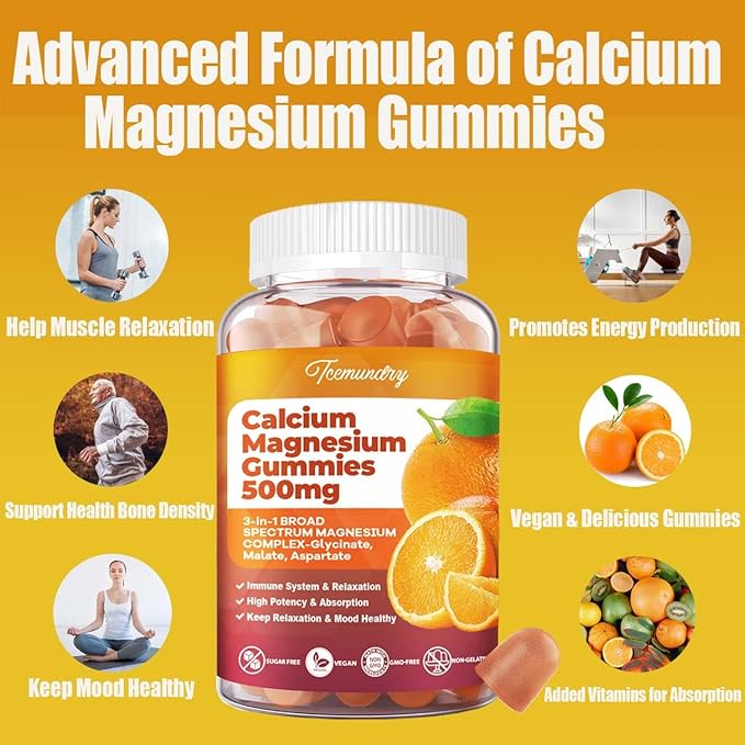 Calcium Magnesium Gummies High Absorption Calcium 600 mg 500 mg D3 & K2 for (60 Count)