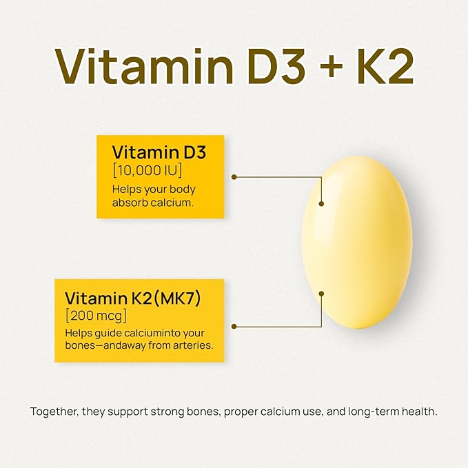 Vitamin D3 K2 with Virgin Coconut Oil -Vitamin D3 10000 IU + K2 MK-7 200 mcg Vitamin Supplement for Bone, Immune and Heart Support Easy to Swallow 120 Softgels