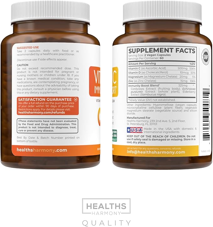 Immune Support Supplement (Non-GMO) Elderberry Vitamin 500mg Immune 120 Vegetarian