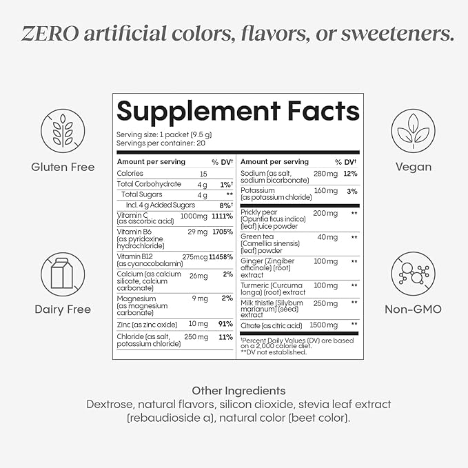 Hydralyte Liver Support + Electrolyte Mix with Milk Thistle, Turmeric, Ginger, Prickly Pear, Green Tea Extract Formulated for Rapid Rehydration (Blood Orange Ginger, 20 Packets)