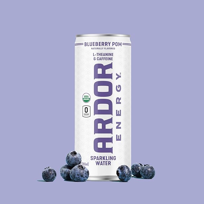 ARDOR ENERGY Sparkling Water Blueberry Pom 12 pack with 100mg Organic Caffeine from Green Tea & 200mg Organic L-Theanine (Focus & Calm). No Sugar. No Calories. Vegan. Gluten Free.