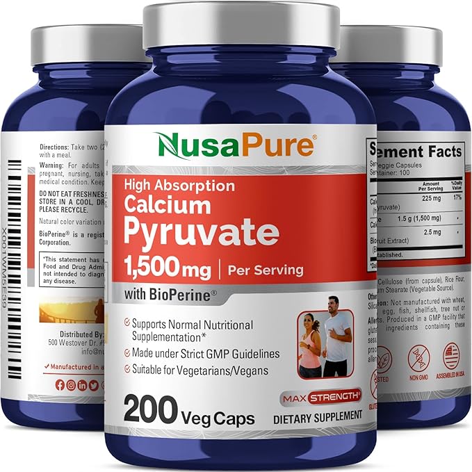 NusaPure Calcium Pyruvate 1500mg 200 Vegetarian Caps (Non-GMO, Vegan) - 750mg per caps