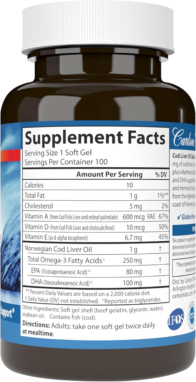Carlson - Cod Liver Oil, Super 1000 mg D3, Wild 100 Softgels