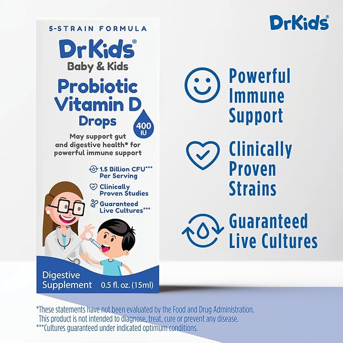 Dr. Kids Probiotic Vitamin D Drops - Supports Infant & Child Gut Health, Helps Reduce Gas, Colic & Fussiness, Baby Probiotic Drops with Vitamin D3, Pediatrician Recommended, Unflavored, 15ml (1 Pack)