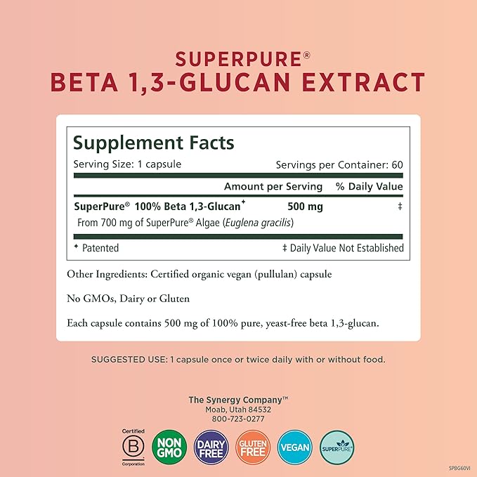 PURE SYNERGY SuperPure Beta 1,3-Glucan Extract 500 mg 1,3-Glucan Supplement (60 Capsules)
