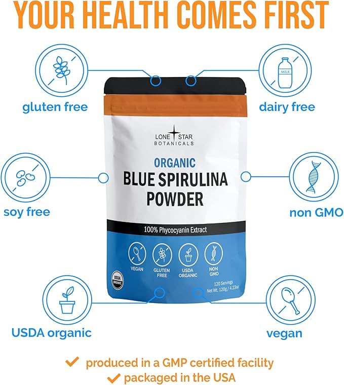 Organic Blue Spirulina Powder, 120 Servings - 100% Pure Superfood Blue-Green Algae, Natural Food Coloring for Smoothies & Protein Drinks - Non GMO, Gluten-Free, Vegan + USDA Certified, No Fishy Smell