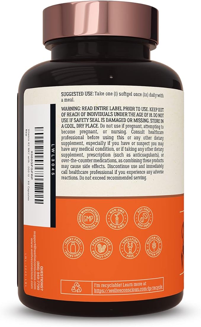 Live Conscious Vitamin K2 MK7 D3 Supplement D3 5000 5000 IU (2-Pack)
