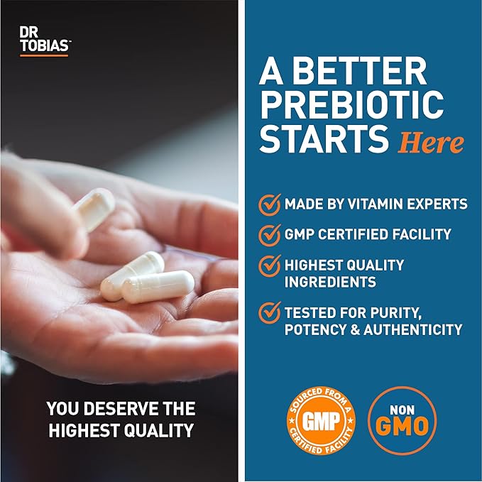 Dr. Tobias Prebiotics, Supports Digestion & Gut Health, Feed Good Probiotic Bacteria, Boost Gut Immune Function, Vegan & Non-GMO Gut Health Supplements for Men and Women, 90 Capsules, 90 Servings