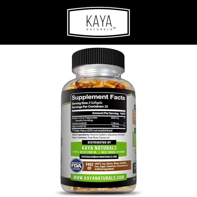Kaya Naturals MCT Oil 2000mg - Non-GMO, Soy-Free, Gluten-Free - Brain, Digestive & Skin Health - 30 Softgels