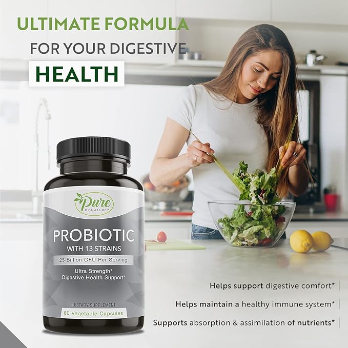 Pure By Nature Shelf Stable Probiotics for Men and Women, Supports Digestive Health, Gut Health and Immunity, Soy and Gluten-Free, 60 Vegan Capsules