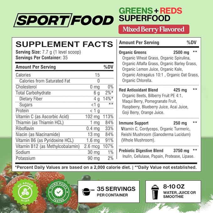 SPORTFOOD Organic Greens & Reds Superfood Powder | Mixed Berry Flavor | 25+ Super Fruits & Veggies, Beets, Prebiotics | Energizing, Antioxidant-Rich, Keto-Friendly Smoothie Mix | 35 Servings