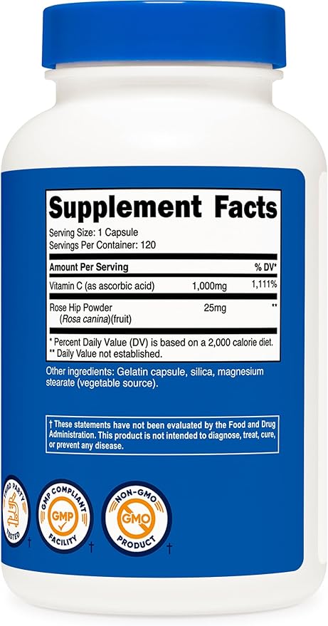 Nutricost Vitamin C with Rose Hips 1025mg, 120 120 Capsules 1000mg, Rose 25mg, Premium,