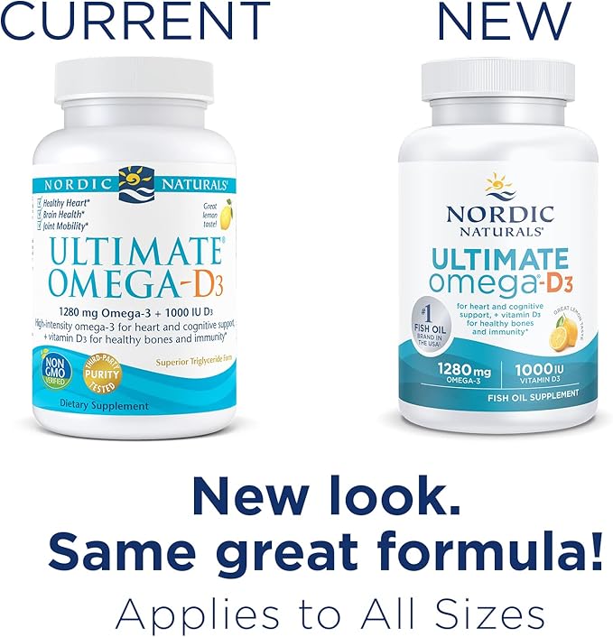 Nordic Naturals Ultimate Omega-D3, Lemon Flavor 120 Soft 1280 mg Omega-3 + 1000 IU D3 - Omega-3 Fish 60 Servings