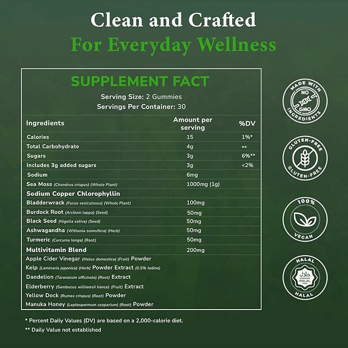 Sea Moss Gummies – Powerful 1500mg Serving | Infused with Bladderwrack, Burdock Root, Black Seed & Ashwagandha | Organic Sea Moss | Lemon Flavor - 60 Gummies