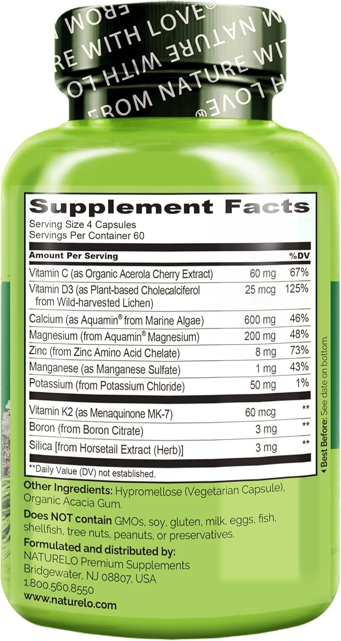 NATURELO Calcium Supplement 600mg, Vitamin D3, K2, K2, C, 240 Vegetarian