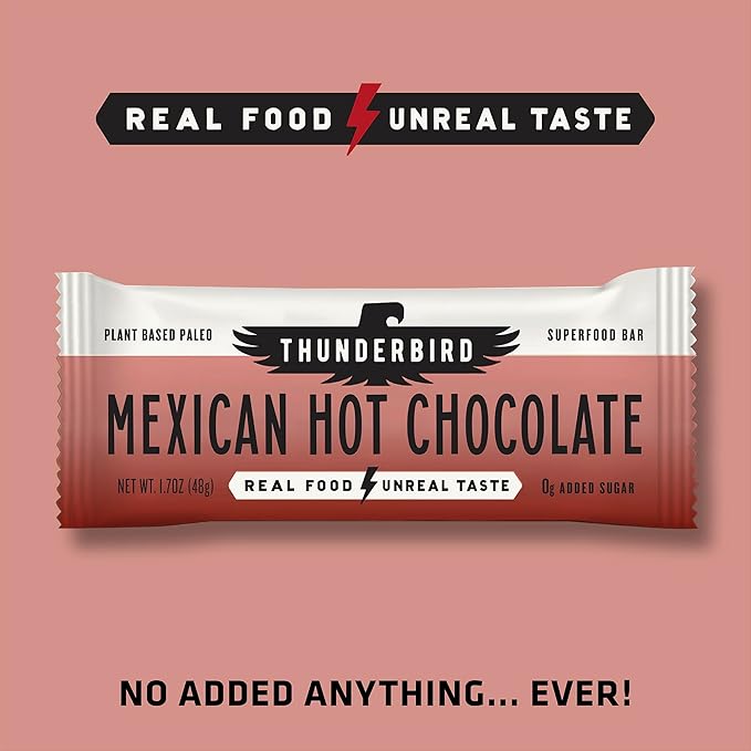 Thunderbird Bars Energy Snack, Gluten-Free with Protein, Healthy Real Food, Vegan Paleo Non-GMO, No Added Sugar, Mexican Hot Chocolate Flavor (12 Count, 1.7 oz. Bars)