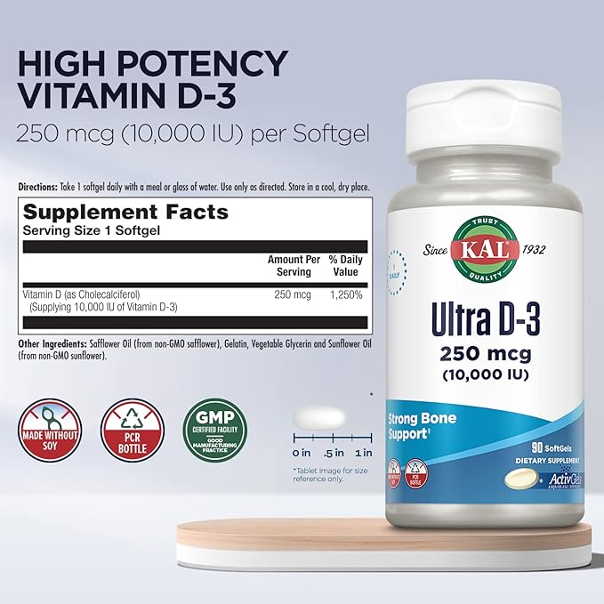 KAL Ultra Vitamin D3 10000 IU (250 mcg), 90 Serv, 90 Softgels