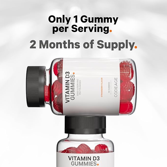 Codeage Vitamin D3 Gummy Vitamins, Vitamin D3 5000 5000 IU 125 mcg, 60 Count