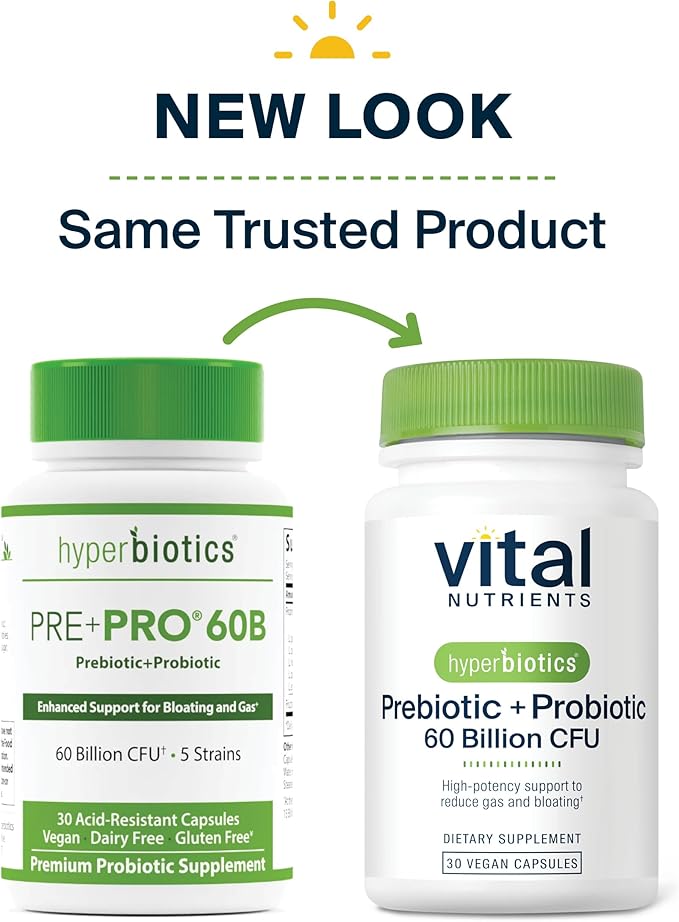 Hyperbiotics Vital Nutrients Prebiotic + Probiotic 60 Billion CFU (Prev. Pre+Pro 60B) | High-Potency Immune & Upper Respiratory Probiotic | Reduce Gas & Bloating | Shelf-Stable | Vegan | 30 Capsules