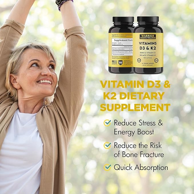 Vitamin D3 and K2 Supplement 5000IU Vitamin D3 and 180MCG Vitamin K2 Supplement 2 Month-Supply, 60 Veggie