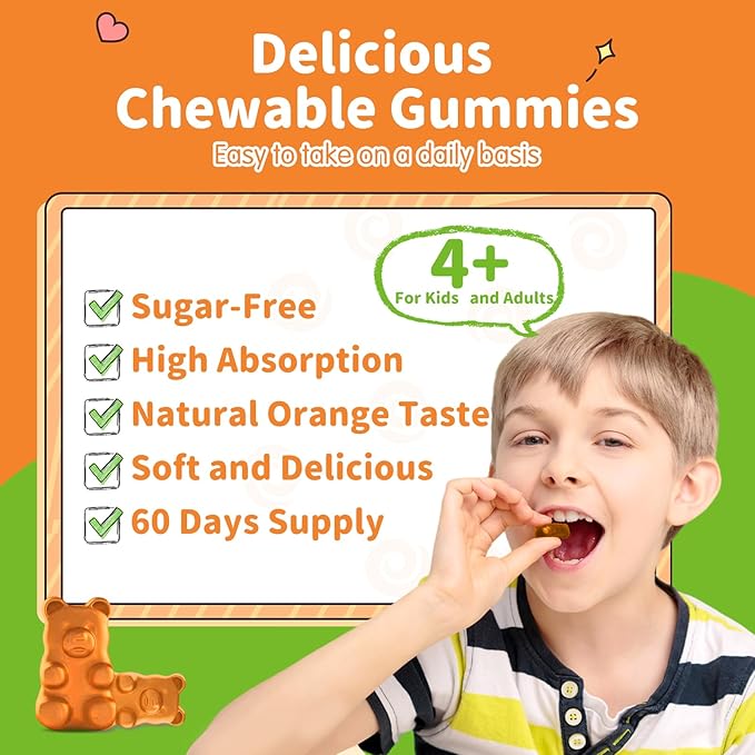 Magnesium Gummies for Kids - Magnesium Glycinate, L-Threonate Supplement with L-Theanine, Vitamin B6, D3 for Adults & Kids, Calm Magnesium for Sleep, Relaxation, Brain, Bones, Sugar Free Orange 60ct