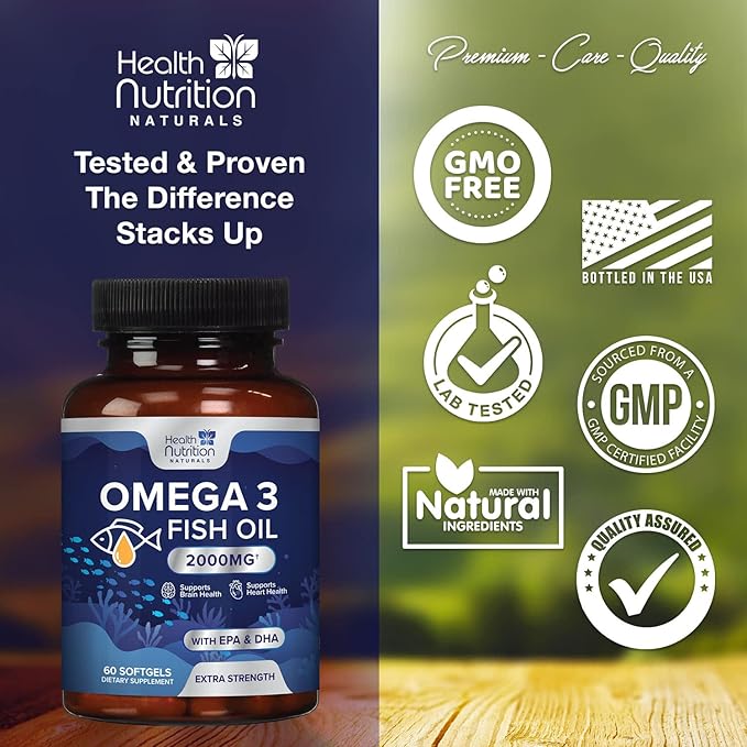 Triple Strength Omega 3 Fish Oil 2000 mg Omega-3 Supplements, 60 Count