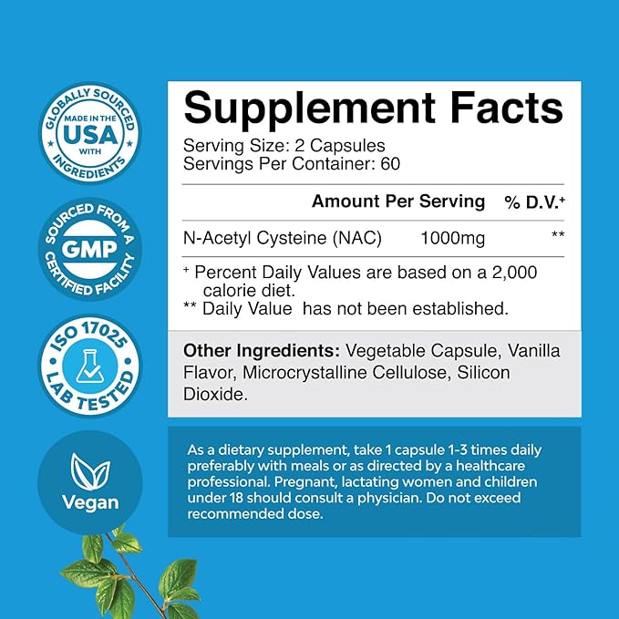 NAC Supplement N-Acetyl Cysteine 1000mg 1000mg Capsules (2 Months)