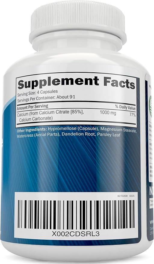 Calcium Citrate 1000mg - 365 Vegan Capsules not Tablets with Added Parsley, Dandelion and Watercress - Without Vitamin D - Made in The USA by Purely Holistic