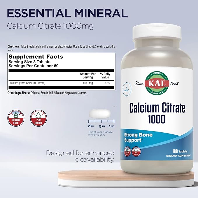 KAL Calcium Citrate 1000mg, Calcium Supplements 60 Servings, 180 Tablets