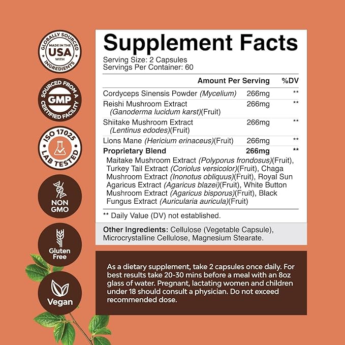 Extra Strength Mushroom Complex Capsules 10X Lions 1330mg Adaptogenic (2 Months)