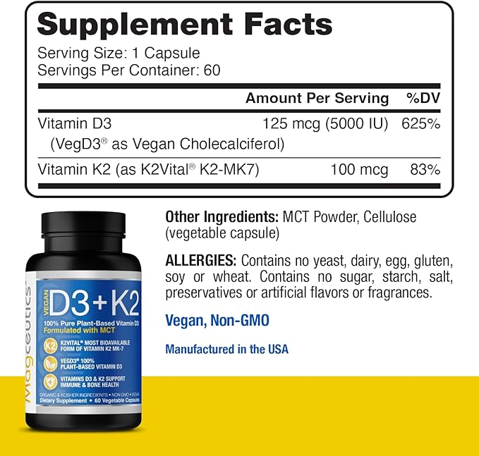 Vitamin D3 K2 with MCT, 5000 D3 & 100 mcg MK7 K2, K2, Support 60 Capsules (60 Days