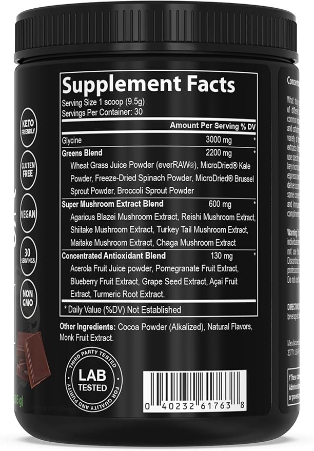 PEScience Greens & Superfoods Powder, Chocolate, 30 Servings, Natural Chlorophyll with Turkey Tail Mushroom & Fruit Extracts Blend