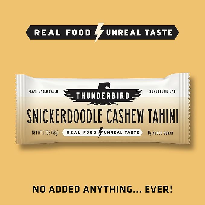 Thunderbird Bars Energy Snack, Gluten-Free with Protein, Healthy Real Food, Vegan Paleo Non-GMO, No Added Sugar, Snickerdoodle Cashew Tahini Flavor (12 Count, 1.7 oz. Bars)