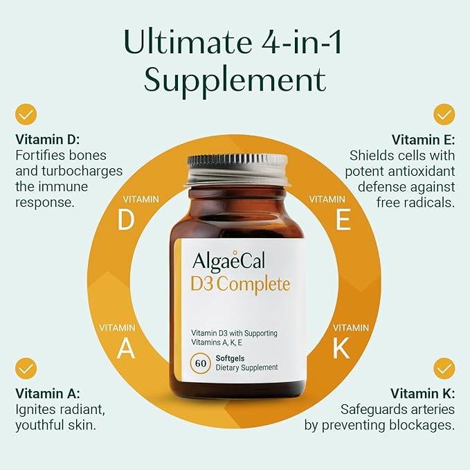 ALGAECAL 4-in-1 Vitamin D3 K2 Complete D3 K2, K2, A, 3 Month