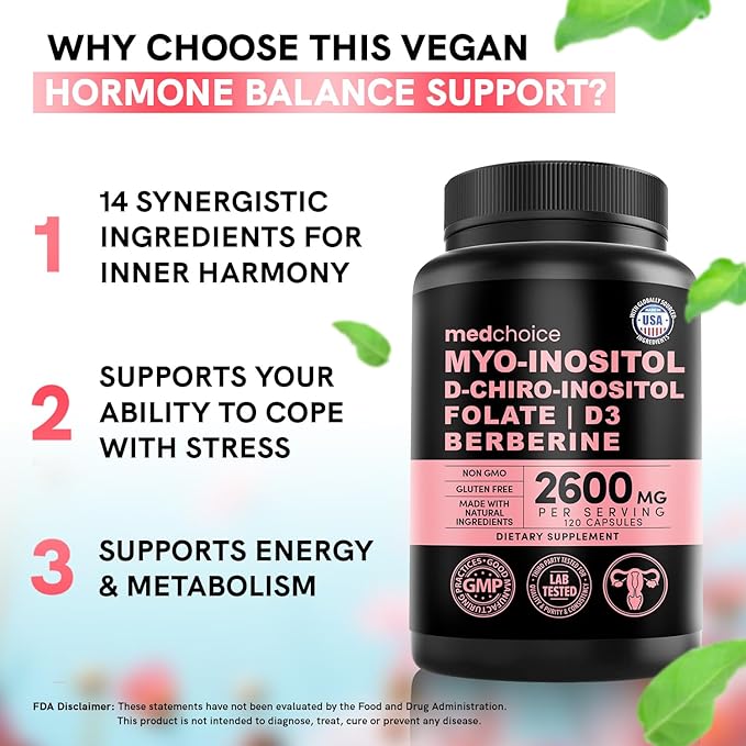 4-in-1 Inositol Supplement & Hormone Support for Women - 40:1 Myo-Inositol and D-Chiro Inositol Ovarian Support Capsules for Hormone Balance, PCOS Supplement for Energy and Metabolism (120 count)
