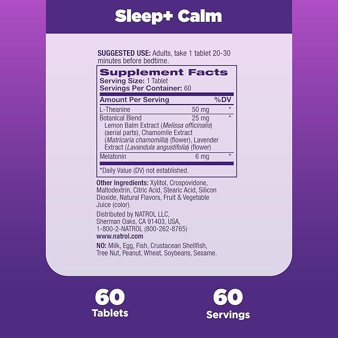 Natrol Sleep + Calm Melatonin 6mg 50mg and 60 Raspberry-Flavored 60 Day