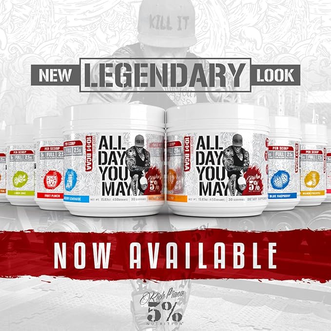 5% Nutrition Rich Piana AllDayYouMay BCAA Powder | Premium Intra & Post Workout Amino Acids, Hydration, Endurance, Muscle Recovery, Joint & Liver Support | 15.3 oz, 30 Servings (Lemon Lime)