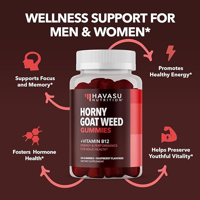 Horny Goat Weed Gummies with Vitamin B12 - Energy, Endurance & Performance Support for Men and Women - Enhanced with B12 Vitamins for Mood & Male Health Support - 60 Raspberry Vegan Gummies