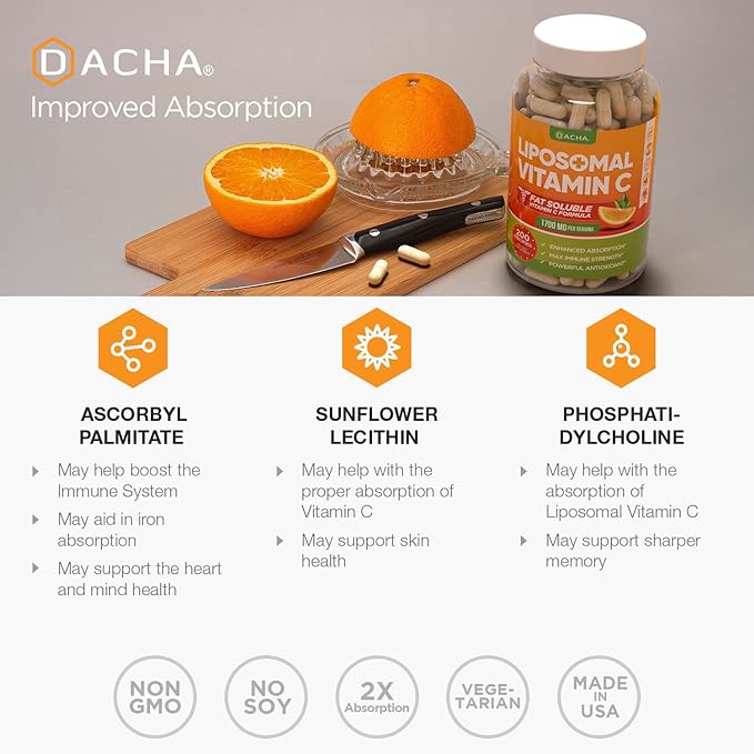 DACHA Natural Liposomal Vitamin C 1700mg, 200 200 Capsules,