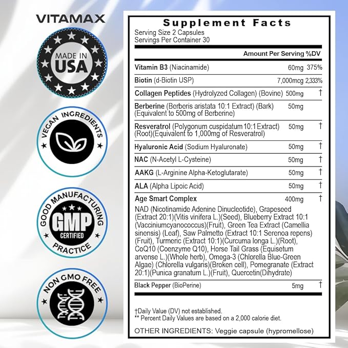 Vitamax Resveratrol NAD+ Berberine Hyaluronic Acid 21-in-1 Women 120 Count